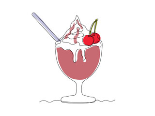 Abstract dessert with cream and cherry berry and straw in creamer, ice cream, cocktail. continuous single one line art hand drawing sketch logo