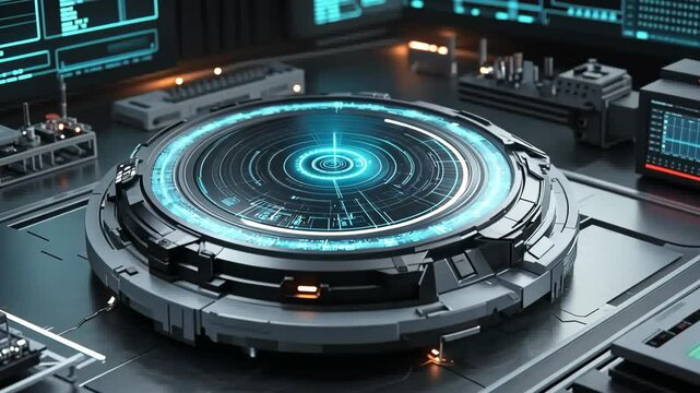 Futuristic Circular Device With Glowing Blue Interface