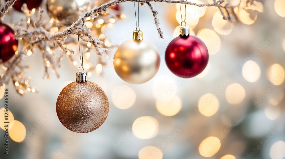 Poster sparking holiday decorations featuring red and gold ornaments on a snowy branch with blurred festive