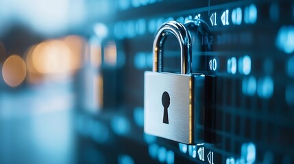 Sturdy silver padlock on a digital screen with coding elements highlighting security and safety concepts : Generative AI