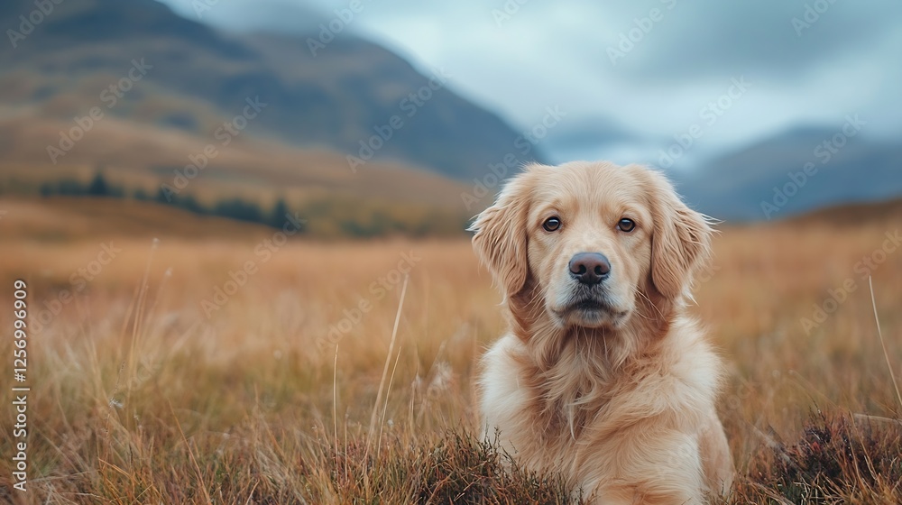Poster golden retriever dog sitting in a grassy field with mountains in the background under a cloudy sky :
