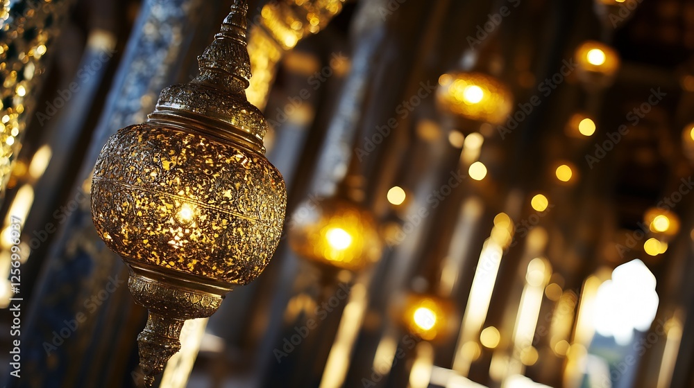 Poster beautifully intricately designed lanterns glowing in a stunning indoor setting : generative ai