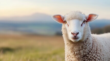 Fototapeta premium Adorable fluffy sheep standing in a picturesque green landscape during sunset : Generative AI