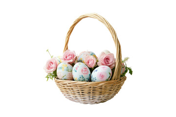 Easter basket with painted eggs and pink roses isolated on white or transparent, PNG