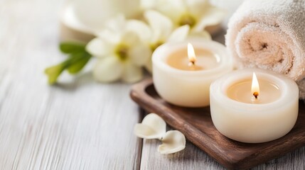 Relaxing spa scene with lit candles and soft towels arranged for a calming ambiance : Generative AI