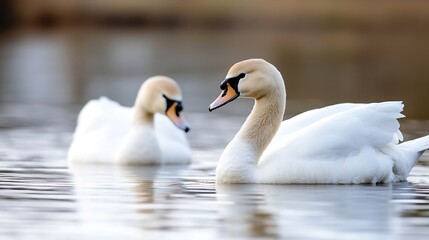 Fototapeta premium Two stunning swans gracefully gliding on calm water surface reflecting gentle light : Generative AI