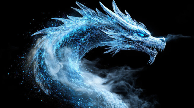 a blue dragon with a white tail and blue eyes