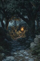 Obraz premium A small door in the middle of an ancient forest with many trees, leading to another world. The path is illuminated by light from inside and leads through the tree branches.