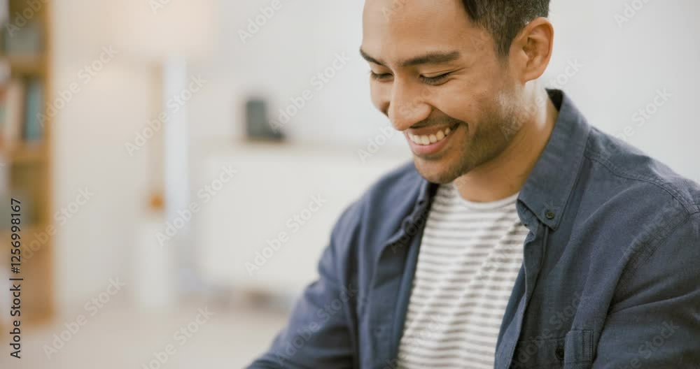 Poster smile, businessman at desk with computer for research on online article, review or networking. email