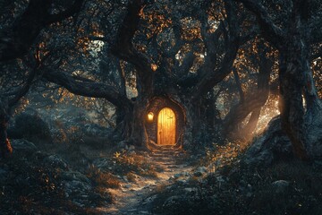 A small door in the middle of an ancient forest with many trees, leading to another world. The path is illuminated by light from inside and leads through the tree branches.