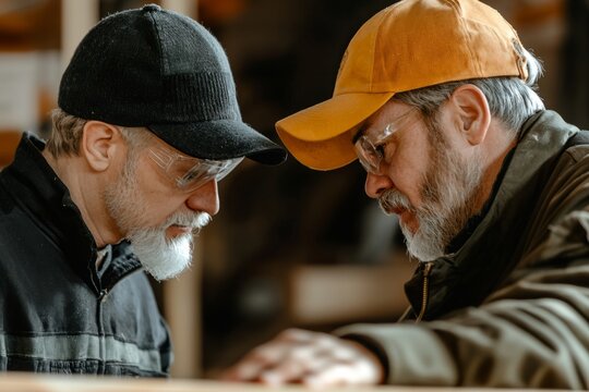A woodworking apprentice carefully drills holes into a wooden frame. The experienced mentor watches, Generative AI