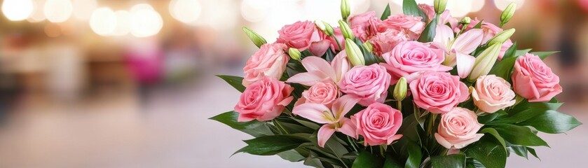 Obraz premium A beautiful bouquet featuring pink roses and lilies, set against a softly blurred background, ideal for celebrations or gifting.