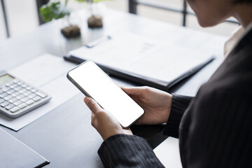 Business women hand hold smart phone. cell telephone blank copy space screen. smartphone with blank white screen isolated. smart phone with technology concept