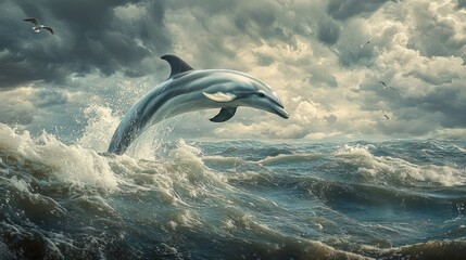Fototapeta premium Dolphin leaping ocean waves stormy sky wildlife