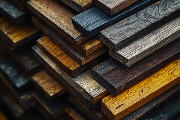 A stack of different types and colors of wood slats, representing the diversity in wooden floor boards or planks.