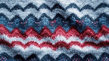 Detailed close-up of a textured knitted fabric with a wavy pattern in shades of blue, red, and white.