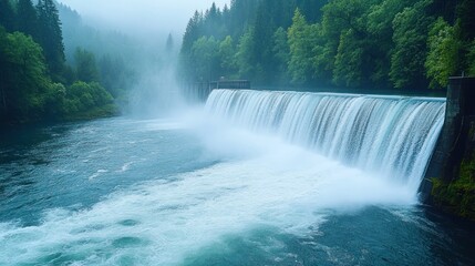 Fototapeta premium River dam waterfall misty forest landscape energy