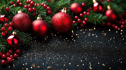 Festive Red Ornaments on Glittering Black Background