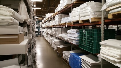 Warehouse Inventory: Stacked Paper, Cardboard Boxes, and Plastic Packaging Efficiently Stored on Shelving Units