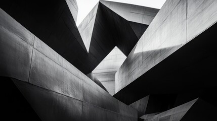 Abstract black and white photo of modern architecture, showing geometric shapes and shadows.