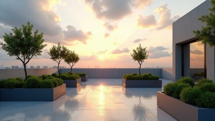 Modern rooftop terrace with potted greenery, outdoor dining area, and city skyline at sunset	
