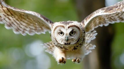 Majestic owl in flight captured in natural habitat showcasing stunning feathers and keen gaze : Generative AI