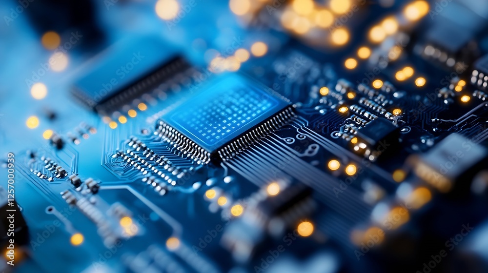 Aufkleber close up view of a blue circuit board with bright leds and detailed electronic components showcasing