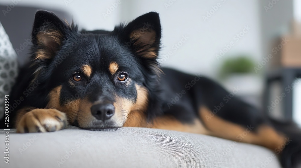 Poster adorable black and brown dog resting peacefully on a soft couch with a relaxed expression : generati