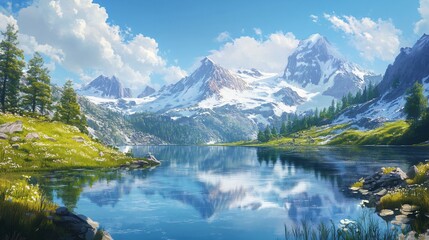 Serene Mountain Lake with Snow-Capped Peaks and Lush Green Meadows
