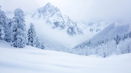 Obraz premium Majestic snowcovered mountains surrounded by a serene winter landscape evoking peace and tranquility : Generative AI