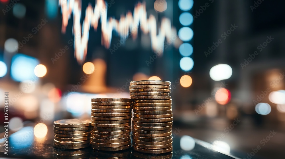 Aufkleber stack of gold coins with a blurred urban background demonstrating finance : generative ai