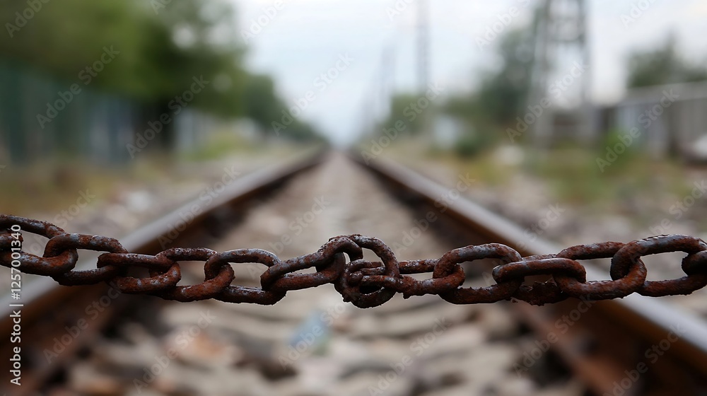 Aufkleber Rusty chain links on railway tracks representing abandonment and a journey left behind : Generative AI
