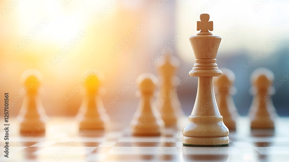 Poster a wooden chess piece of a king prominently placed on a chessboard with soft lighting behind : genera