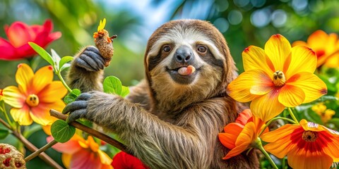 Obraz premium Happy Sloth Holding Snack Surrounded by Colorful Tropical Flowers