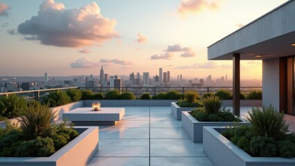 Modern rooftop terrace with potted greenery, outdoor dining area, and city skyline at sunset	