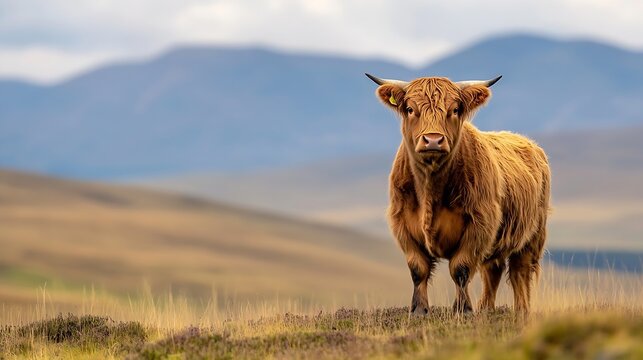 A majestic Highland cow standing alone in a rugged landscape against foggy mountains in the background : Generative AI