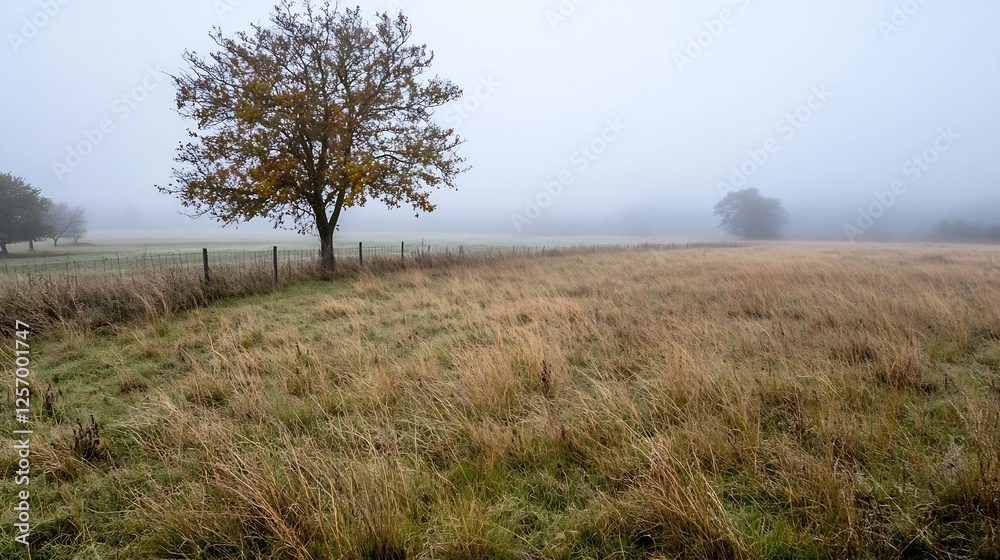 Aufkleber serene misty landscape with a solitary tree in an expansive meadow during early morning fog : genera