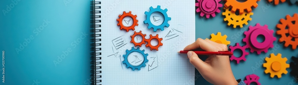 Poster Person drawing on notebook surrounded by colorful gears in creative workspace setting