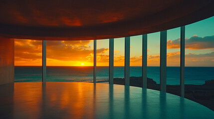 A modern panopticon interior symbolizes surveillance and control A bright empty space with blurred details conveys isolation and authority Blank areas suggest interpretation and societal reflection

