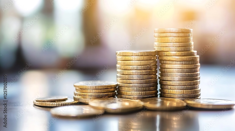 Poster stacked coins on a wooden table representing financial growth and wealth accumulation : generative a