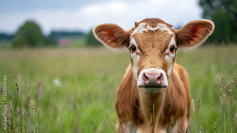Poster curious young cow in a lush green field with a soft background of nature : generative ai