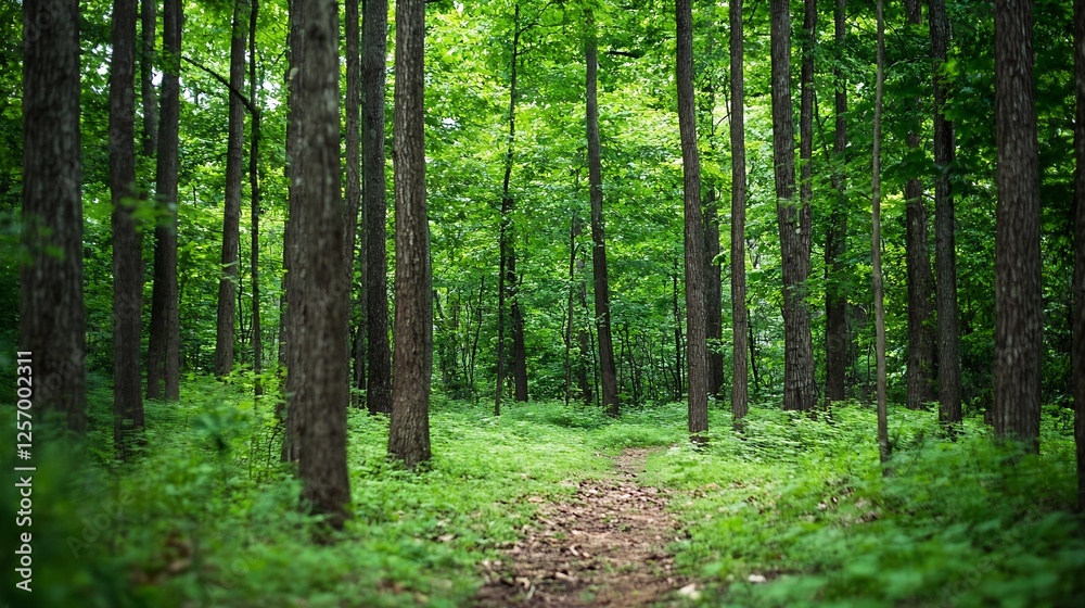 Poster Lush green forest path illuminated by sunlight creating a serene atmosphere in nature : Generative AI