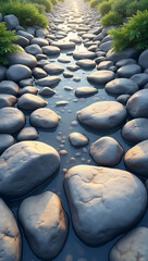 Obraz premium A seamless, tileable riverbed walkway made of smooth, naturally polished pebbles. Worn, water-eroded stones in mixed gray and brown hues. A soft organic pattern with subtle reflections of wet surface