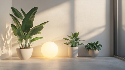 Fototapeta premium Serene Indoor Plants Enhance Minimalist Room Decor with Soft Light