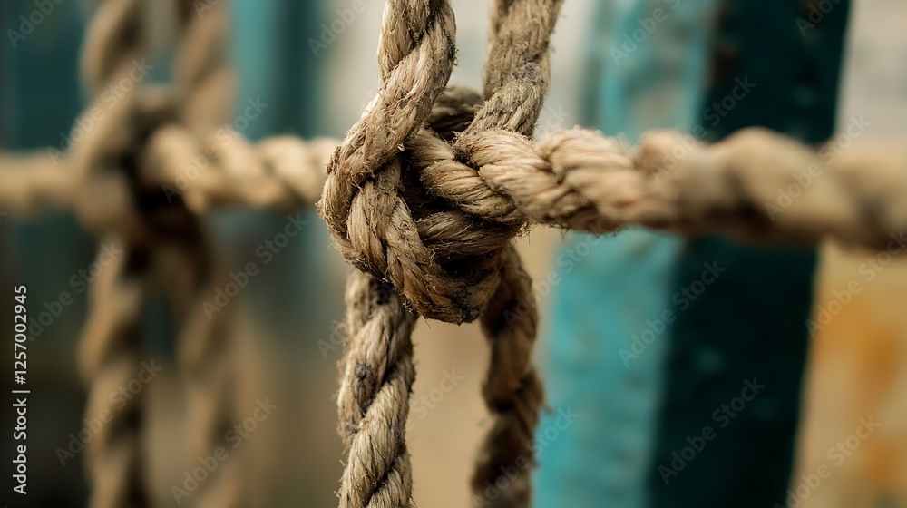 Aufkleber close up of a marine rope knot tightly bound on a metal frame highlighting texture and detail : gene