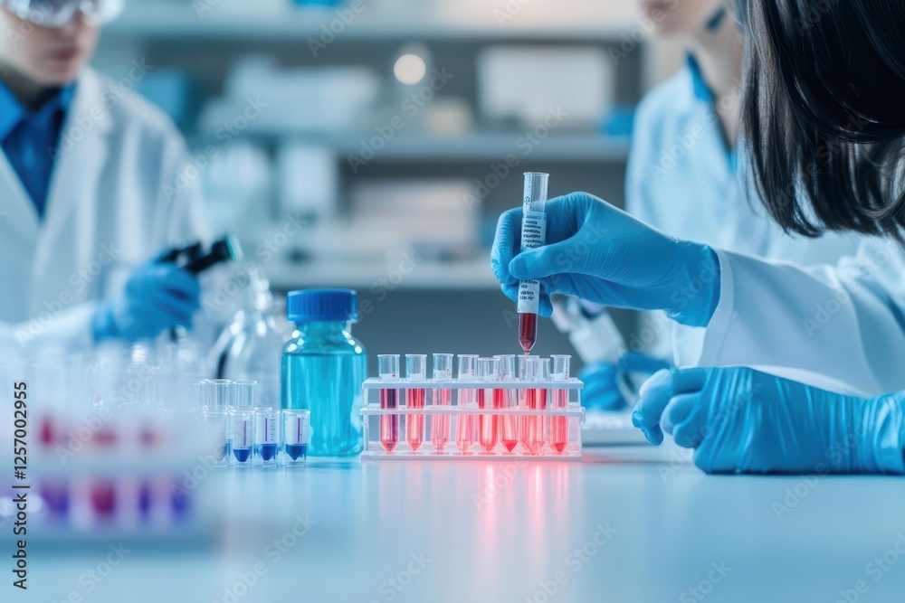 Poster two scientists collaborating on research in a modern laboratory environment with scientific equipmen