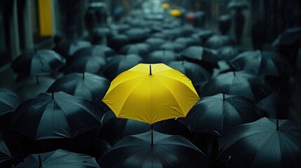 Obraz premium Yellow umbrella stands out in rainy city crowd (1)
