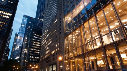 Stylish Modern Buildings Reflecting City Lights in a Lively Urban Environment at Night : Generative AI