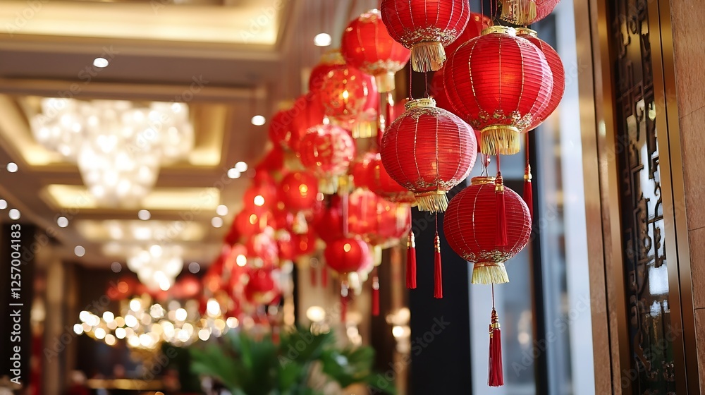 Poster vibrant display of red lanterns hanging in a beautifully lit restaurant setting : generative ai
