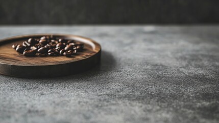 Roasted coffee beans on wood, grey background, food photography, product shot
